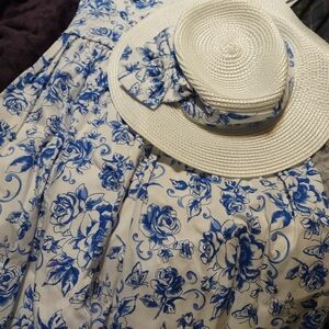 Floral Blue and White Dress with Matching Hat